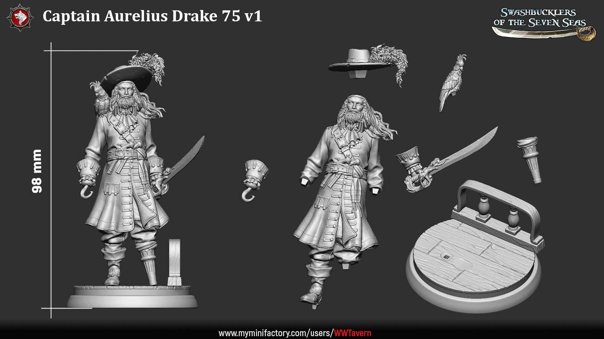 Captain Aurelius Drake - 32mm, 75mm Scale - Unpainted Miniature