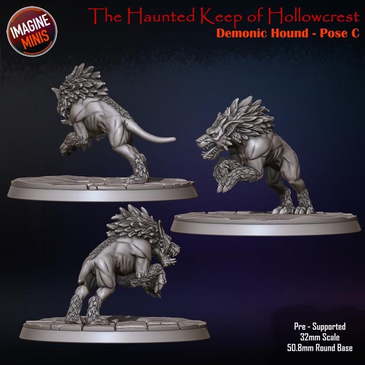 Demon Hound, 4 Poses - 32mm Scale, Large Creature - Unpainted Miniature