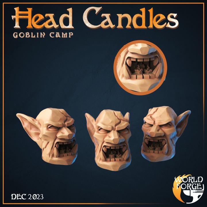 Head Candles, Set of 3, Goblin Camp Collection - Unpainted Miniature