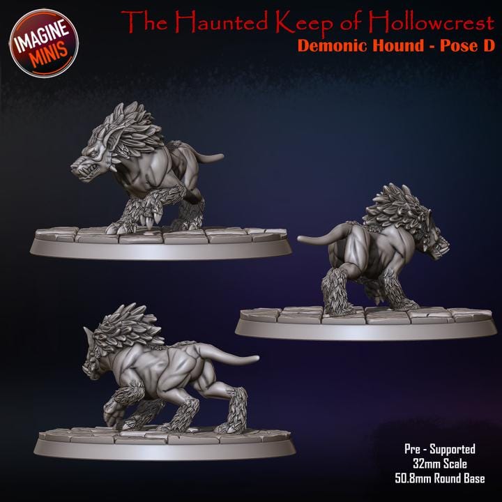 Demon Hound, 4 Poses - 32mm Scale, Large Creature - Unpainted Miniature