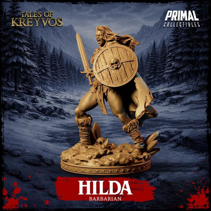 Hilda, Female Barbarian - Tales of Kreyvos - Unpainted Miniature