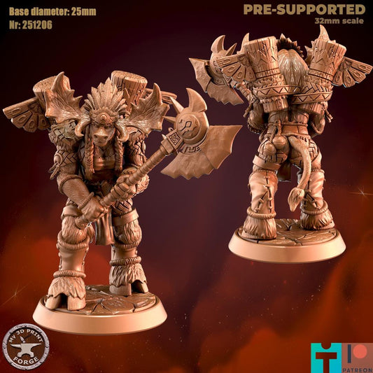 Mountain Minotaur Female Warrior - 32mm Scale - Unpainted Miniature