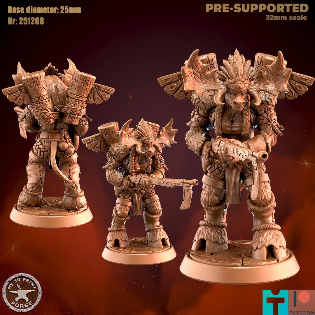 Mountain Minotaur Female Hunter - 32mm Scale - Unpainted Miniature