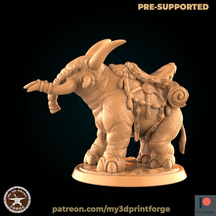 Elephant with Horned Humanoid Rider - Unpainted Miniature