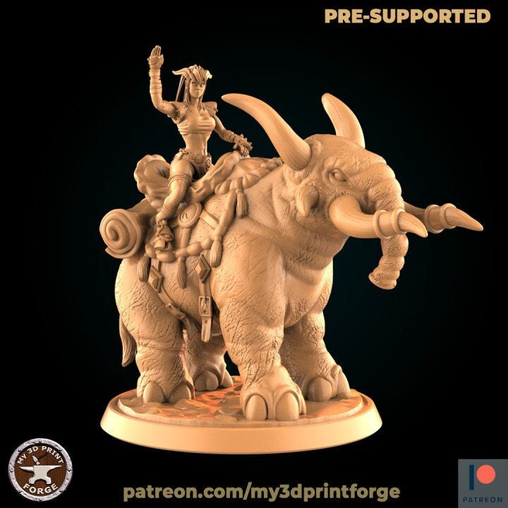 Elephant with Horned Humanoid Rider - Unpainted Miniature