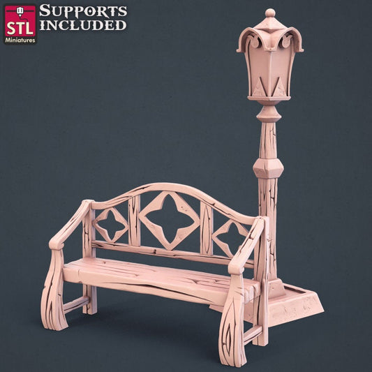 Bench with Lamp Post - Unpainted Miniature