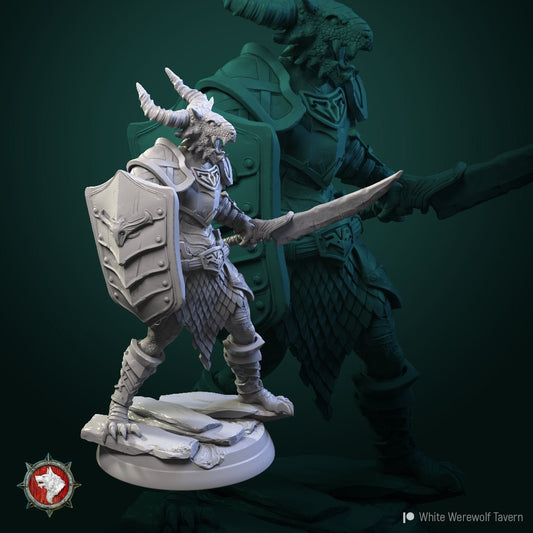 Dragonborn Warrior with Sword and Shield - Unpainted Miniature