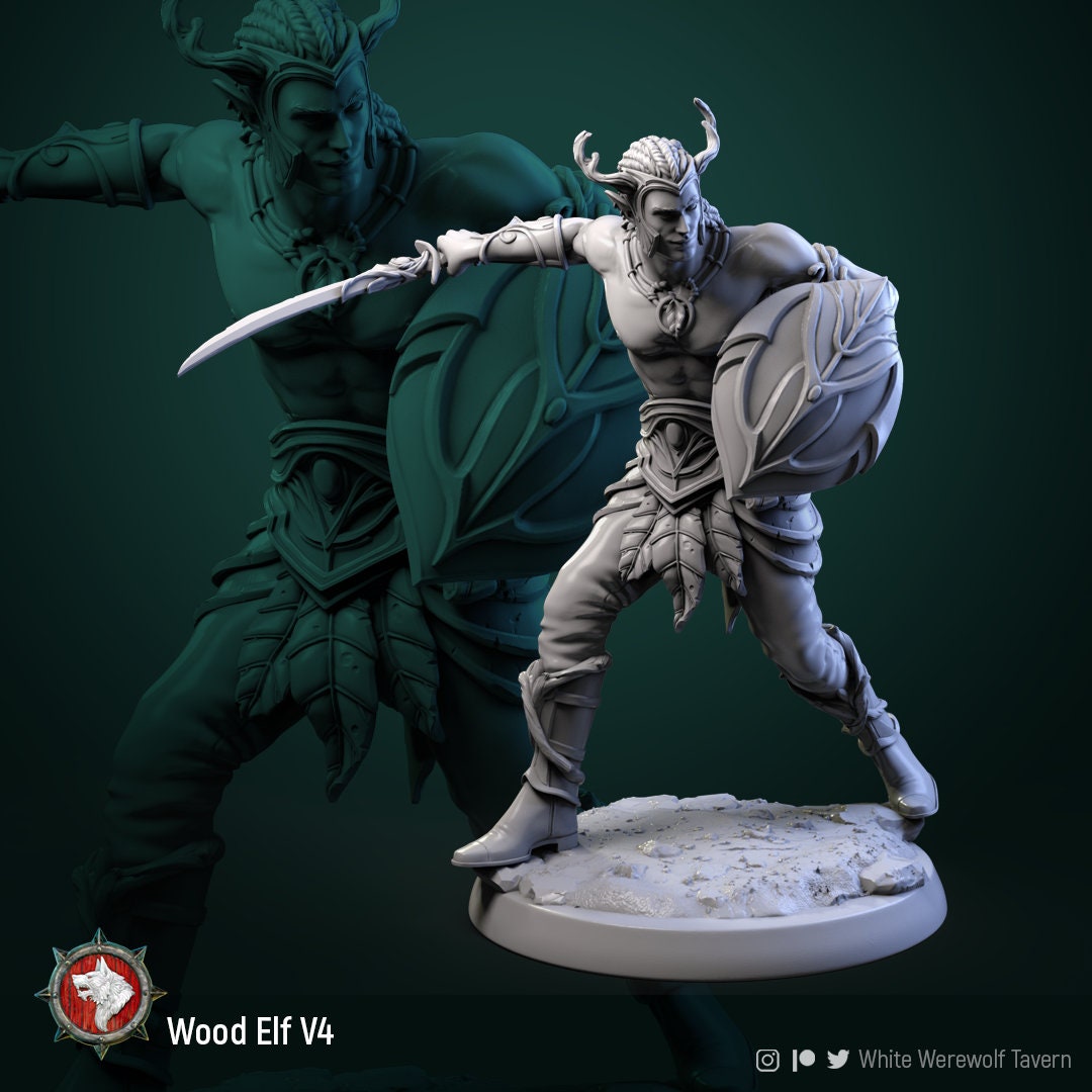 Wood Elf Fighter - Sword & Shield - Unpainted Miniature