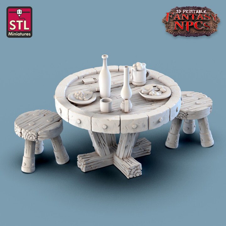 Round Table with Stools - Unpainted Miniature