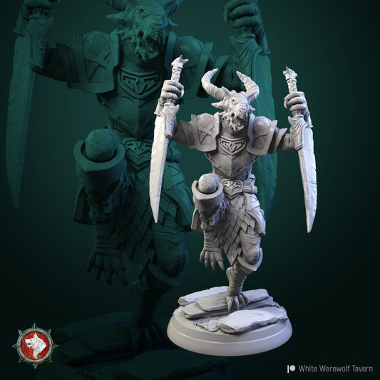 Dragonborn Warrior with Two Swords - Unpainted Miniature