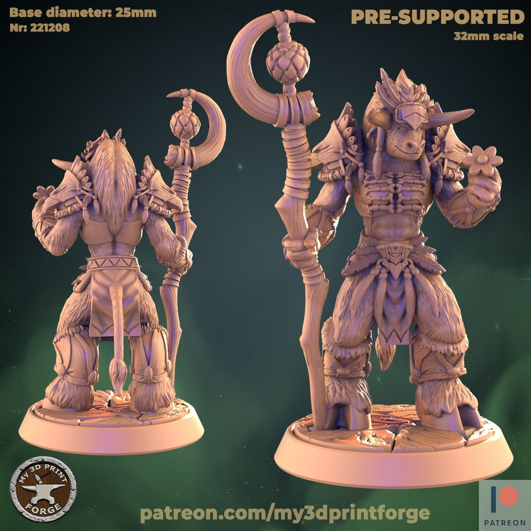 Female Minotaur Druid - Armored - Unpainted Miniature