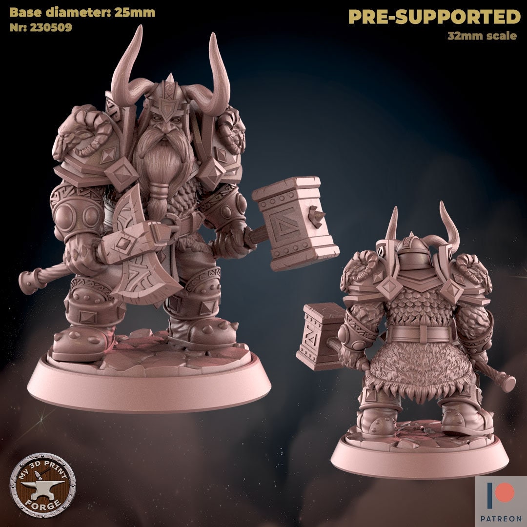 Dwarf Male Paladin with Axe and Hammer - Unpainted Miniature