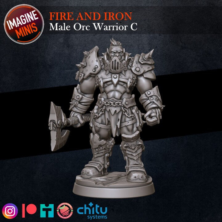 Male Orc Warrior - Pose C - Fire & Iron Set - Unpainted Miniature