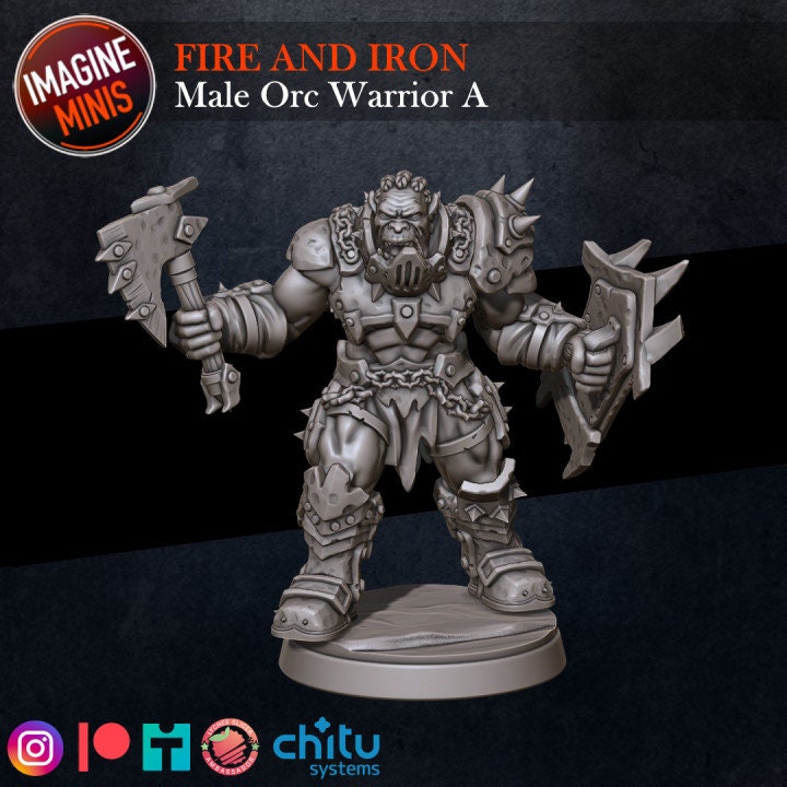 Male Orc Warrior - Pose A - Fire & Iron Set - Unpainted Miniature