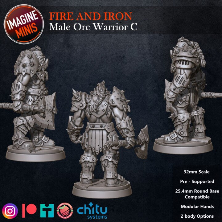 Male Orc Warrior - Pose C - Fire & Iron Set - Unpainted Miniature