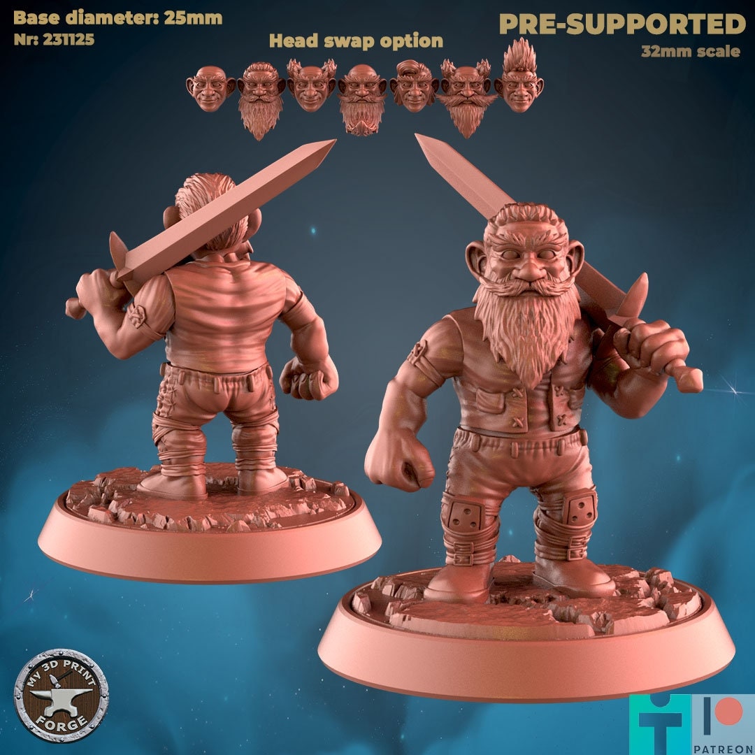 Male Gnome Warrior - 3 Poses - Unpainted Miniature