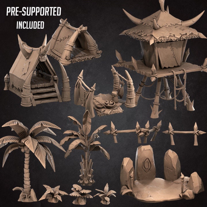 Jungle Camp Terrain Set - Unpainted Miniature