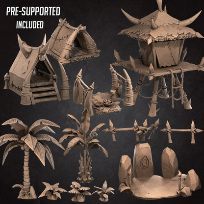 Jungle Camp Terrain Set - Unpainted Miniature