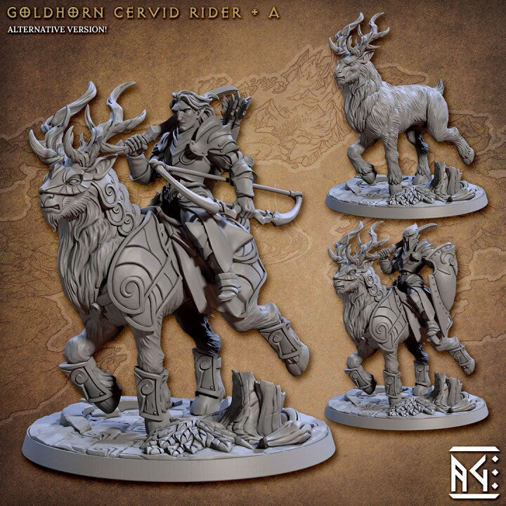 Goldhorn Cervid Rider - Pose A - Noble Alfar Set - Unpainted Miniature