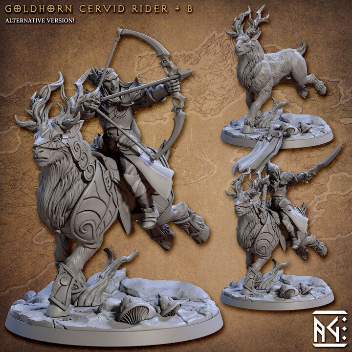 Goldhorn Cervid Rider - Pose B - Noble Alfar Set - Unpainted Miniature