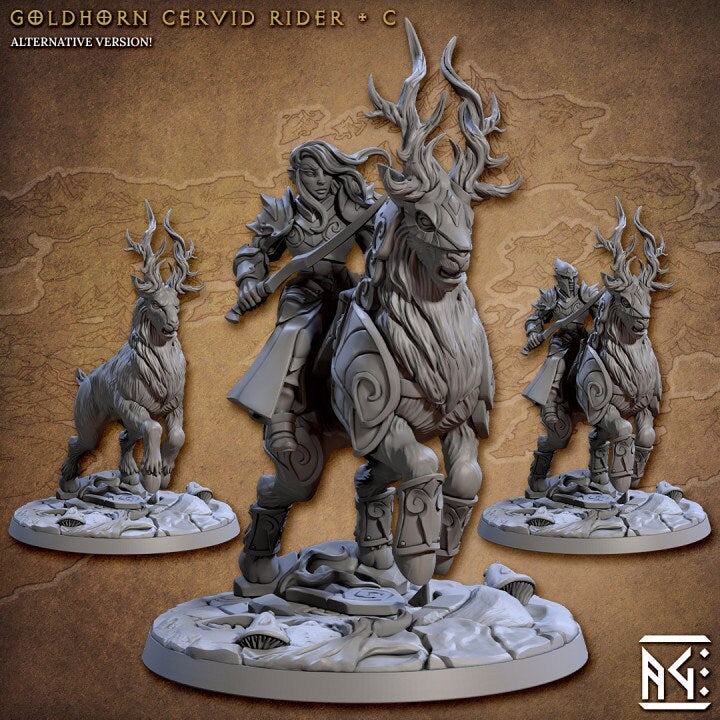 Goldhorn Cervid Rider - Pose C - Noble Alfar Set - Unpainted Miniature